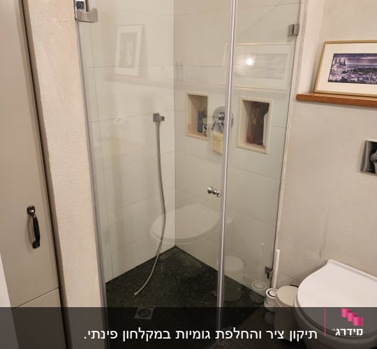 מקלחון זכוכית עם ראש מקלחת ומדפים מובנים